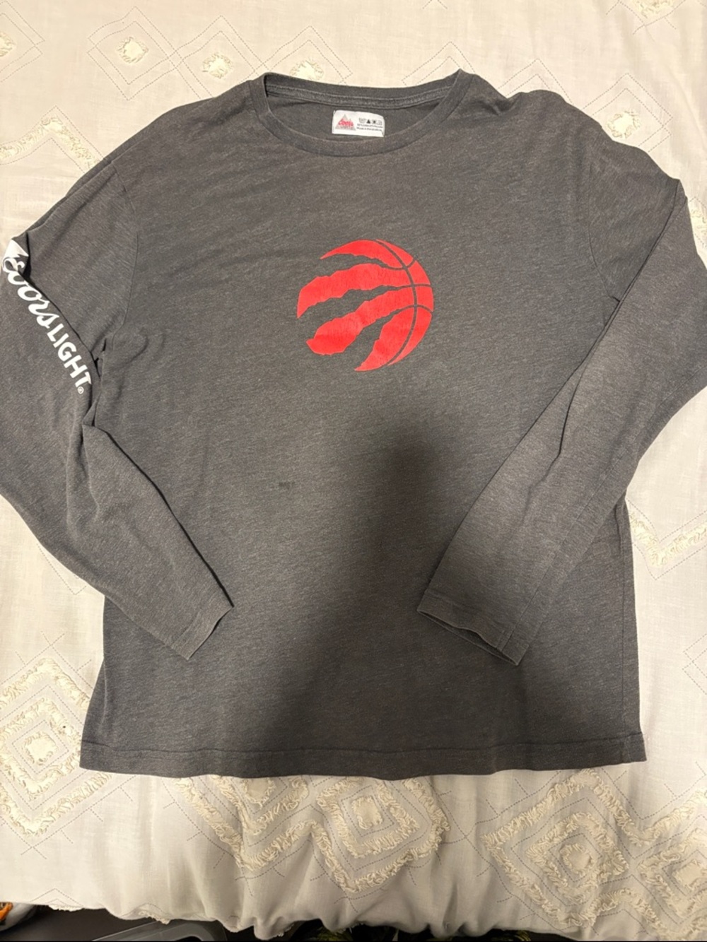 Gray Long Sleeve Tee with Red Raptors Claw Basketball Logo